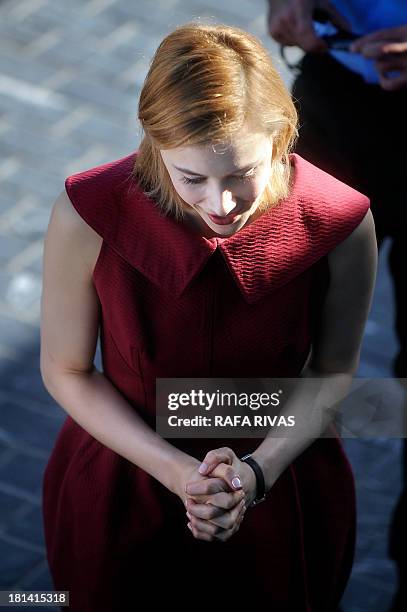 Canadian actress Sarah Gadon poses at a photocall after the screening of the film "Enemy" during the 61st San Sebastian International Film Festival...