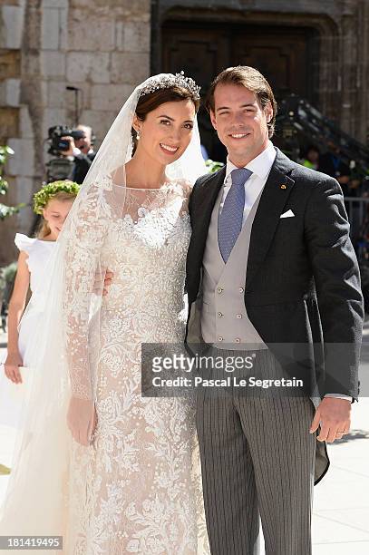Princess Claire Of Luxembourg and Prince Felix Of Luxembourg depart their wedding ceremony at the Basilique Sainte Marie-Madeleine on September 21,...