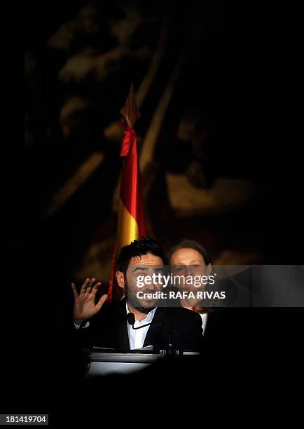 Spanish director Juan Antonio Bayona delivers speech after receiving the National Prize of Cinematography during the 61st San Sebastian International...