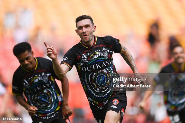 Jay O'Shea of Brisbane celebrates scoring a goal during the A-League Men round five match between Brisbane Roar and Perth Glory at Suncorp Stadium,...