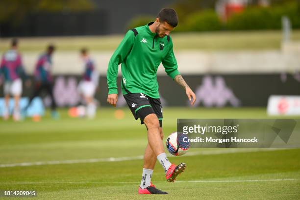 Nikita Rukavytsya of Western United warms up ahead of the A-League Men round five match between Western United and Adelaide United at Mars Stadium,...