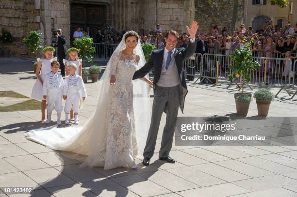 Princess Claire Of Luxembourg and Prince Felix Of Luxembourg depart their wedding ceremony at Basilique Sainte Marie-Madeleine on September 21, 2013...