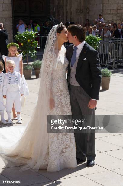 Princess Claire Of Luxembourg and Prince Felix Of Luxembourg depart their wedding ceremony at Basilique Sainte Marie-Madeleine on September 21, 2013...
