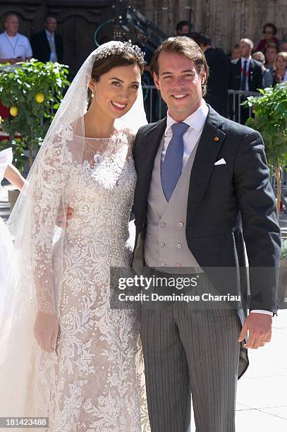 Princess Claire Of Luxembourg and Prince Felix Of Luxembourg depart their wedding ceremony at Basilique Sainte Marie-Madeleine on September 21, 2013...