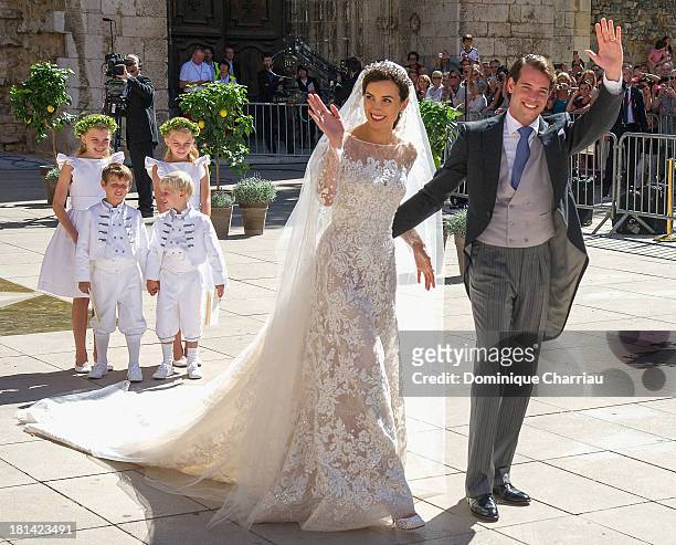 Princess Claire Of Luxembourg and Prince Felix Of Luxembourg depart their wedding ceremony at Basilique Sainte Marie-Madeleine on September 21, 2013...