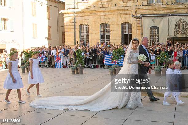 Princess Claire Of Luxembourg and her father Hartmut Lademacher arrive to the Religious Wedding Of Prince Felix Of Luxembourg and Claire Lademacher...