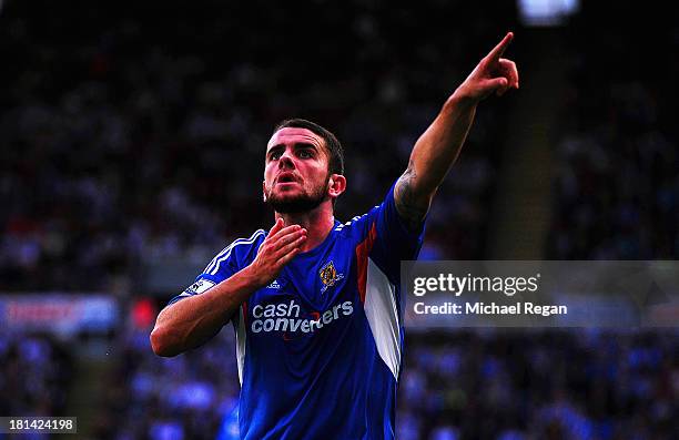 Robbie Brady of Hull City celebrates scoring during the Barclays Premier League match between Newcastle United and Hull City at St James' Park on...