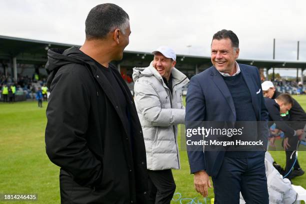 Western United head coach, John Aloisi and Adelaide United Head Coach, Carl Veart chat ahead of the A-League Men round five match between Western...