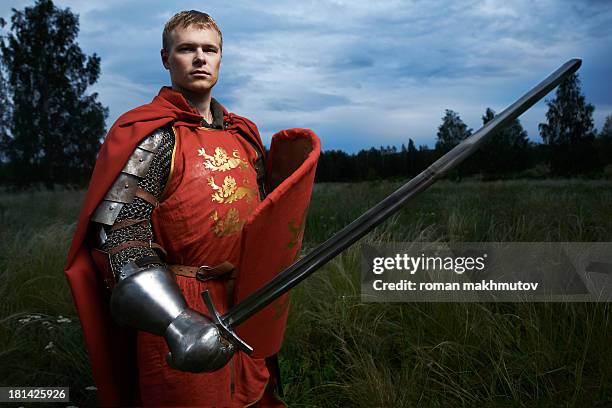 knight with sword and shield - knights stock-fotos und bilder