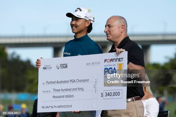 Min Woo Lee of Australia celebrates victory during day four of the 2023 Australian PGA Championship at Royal Queensland Golf Club on November 26,...