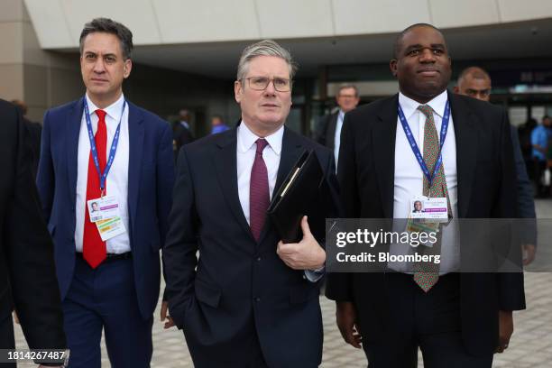 Ed Miliband, UK shadow energy secretary, left, Keir Starmer, leader of the Labour party, center, and David Lammy, UK shadow foreign secretary, on day...