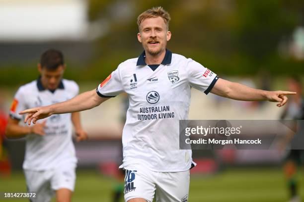 Ben Halloran of Adelaide United celebrates scoring a goal during the A-League Men round five match between Western United and Adelaide United at Mars...
