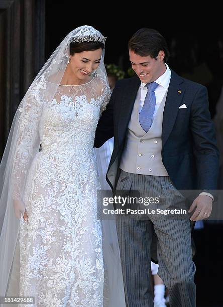 Princess Claire Of Luxembourg and Prince Felix Of Luxembourg depart from their wedding ceremony at the Basilique Sainte Marie-Madeleine on September...