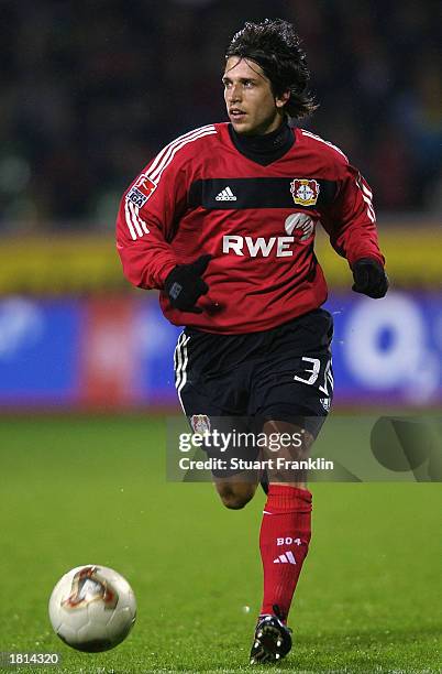 Diego Placente of Bayer Leverkusen runs with the ball during the Bundesliga match between Bayer 04 Leverkusen and FC Engerie Cottbus held on January...