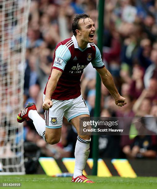 Mark Noble of West Ham celebrates after scoring their second goal during the Barclays Premier League match between West Ham United and Everton at the...