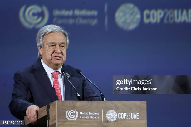 Secretary-General of the United Nations António Guterres delivers an address at the opening ceremony of the World Climate Action Summit during COP28...