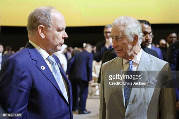 Prince Albert II of Monaco and King Charles III attend the opening ceremony of the World Climate Action Summit during COP28 on December 01, 2023 in...