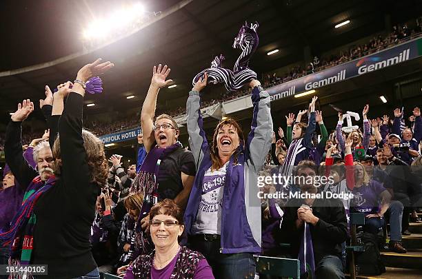 Dockers fans perform the mexican wave during the AFL Second Preliminary Final match between the Fremantle Dockers and the Sydney Swans at Patersons...
