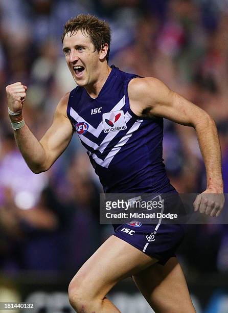 Michael Barlow of the Dockers celebrates a goal during the AFL Second Preliminary Final match between the Fremantle Dockers and the Sydney Swans at...