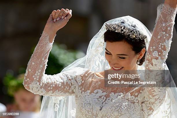 Princess Claire Of Luxembourg departs from her wedding ceremony at the Basilique Sainte Marie-Madeleine on September 21, 2013 in...