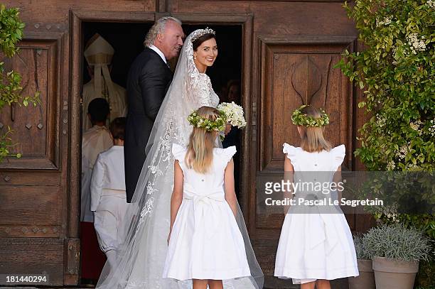 Princess Claire Of Luxembourg and her father Hartmut Lademacher arrive to the Religious Wedding Of Prince Felix Of Luxembourg and Claire Lademacher...