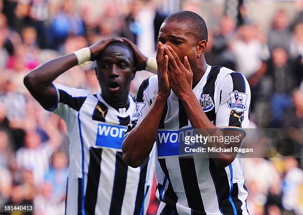 Moussa Sissoko and Loic Remy of Newcastle United react during the Barclays Premier League match between Newcastle United and Hull City at St James'...