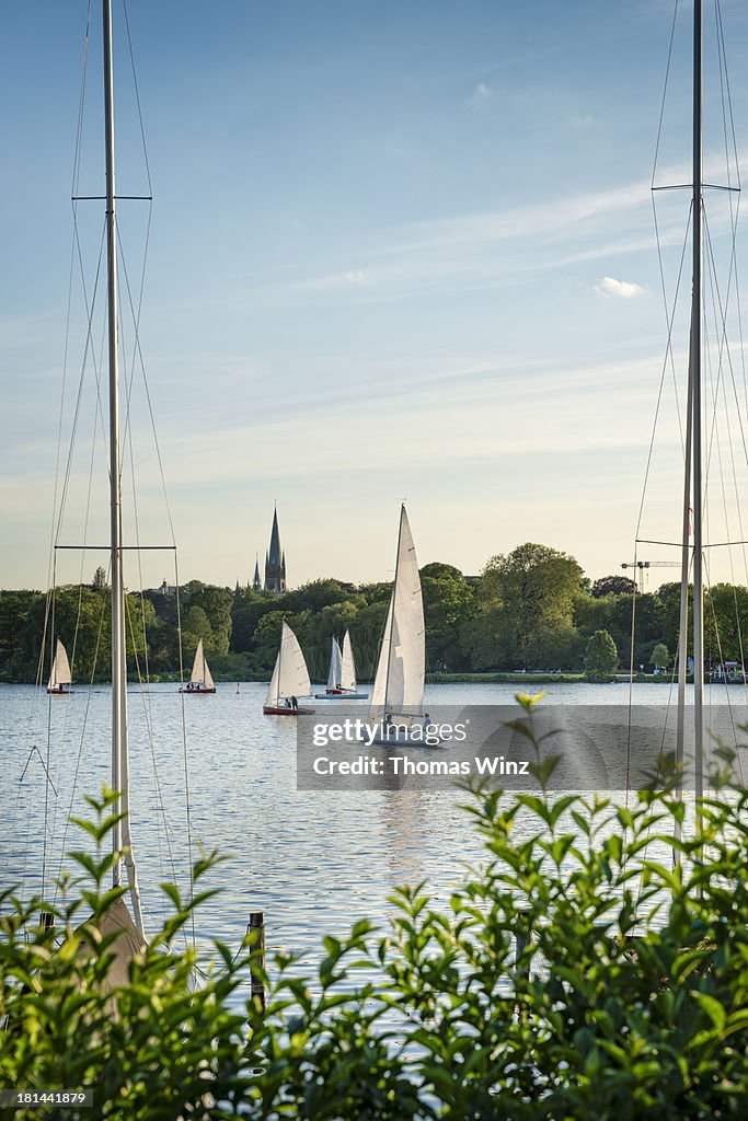Sail boat on Aussenalster lake