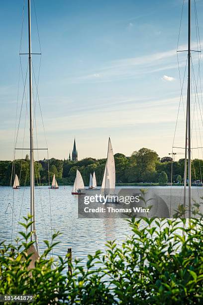 sail boat on aussenalster lake - alster hamburg stock pictures, royalty-free photos & images