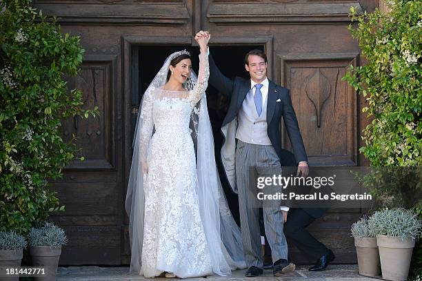 Princess Claire Of Luxembourg and Prince Felix Of Luxembourg depart from their wedding ceremony at the Basilique Sainte Marie-Madeleine on September...