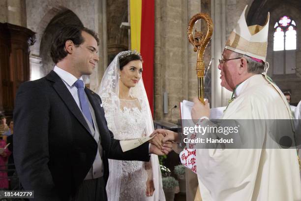 In this handout image provided by the Grand-Ducal Court of Luxembourg, Prince Felix Of Luxembourg and Princess Claire Of Luxembourg are standing in...