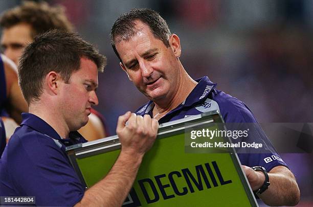 Dockers coach Ross Lyon makes some moves at three quarter time during the AFL Second Preliminary Final match between the Fremantle Dockers and the...