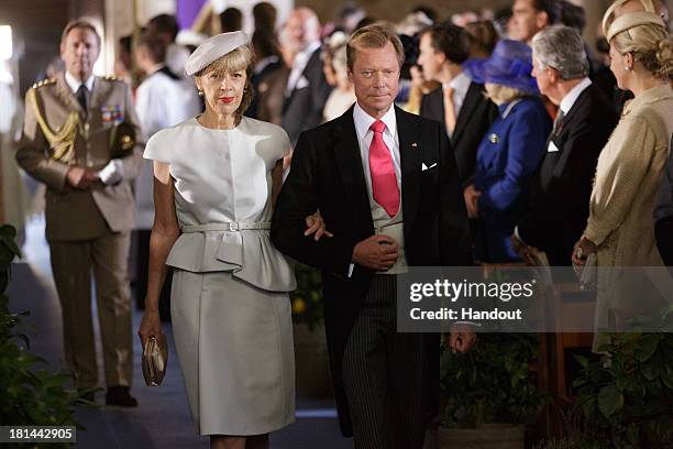 In this handout image provided by the Grand-Ducal Court of Luxembourg, Grand Duke Henri and Gabriele Lademacher are seen at the religious wedding of...