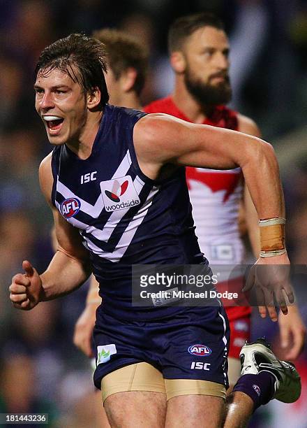 Nick Suban of the Dockers celebrates a goal during the AFL Second Preliminary Final match between the Fremantle Dockers and the Sydney Swans at...