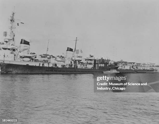 An image of the captured German submarine U505 at the United States Naval Academy, Annapolis, Maryland, October 9, 1945. In 1954, the vessel was put...