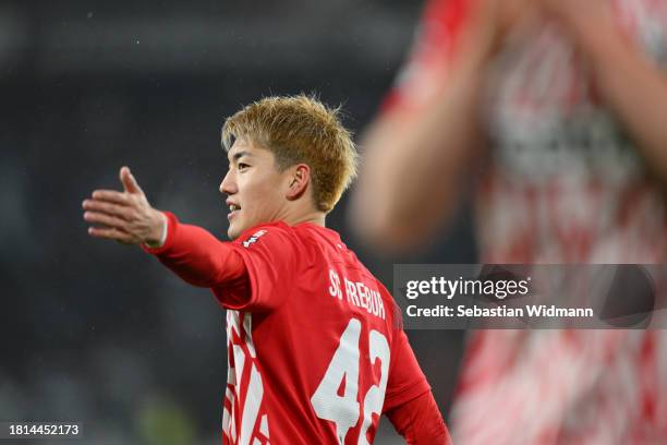 Ritsu Doan of SC Freiburg gestures during the Bundesliga match between Sport-Club Freiburg and SV Darmstadt 98 at Europa-Park Stadion on November 25,...