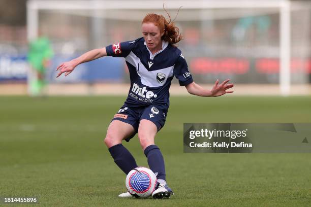 Beatrice Southby Goad of Victory controls the ball during the A-League Women round six match between Melbourne Victory and Central Coast Mariners at...