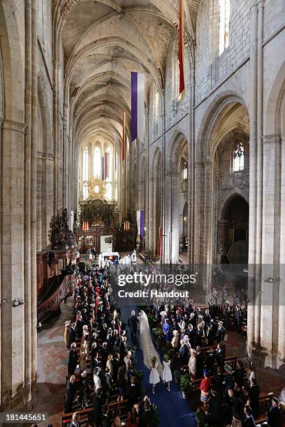 In this handout image provided by the Grand-Ducal Court of Luxembourg, Princess Claire Of Luxembourg and her father Hartmut Lademacher enter the...