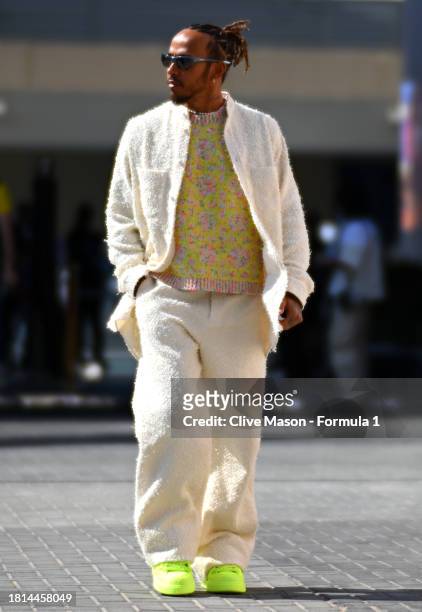 Lewis Hamilton of Great Britain and Mercedes walks in the Paddock prior to the F1 Grand Prix of Abu Dhabi at Yas Marina Circuit on November 26, 2023...