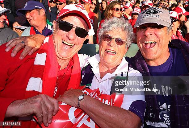 Dockers and Swans fans show their support during the AFL Second Preliminary Final match between the Fremantle Dockers and the Sydney Swans at...