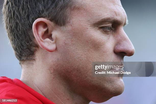 Swans coach John Longmire looks ahead during the AFL Second Preliminary Final match between the Fremantle Dockers and the Sydney Swans at Patersons...