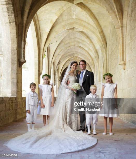 In this handout image provided by the Grand-Ducal Court of Luxembourg, Prince Felix Of Luxembourg and Princess Claire Of Luxembourg pose with Prince...