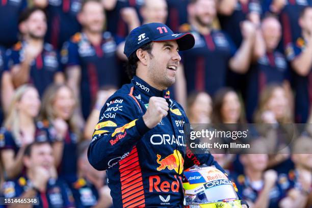 Sergio Perez of Mexico and Oracle Red Bull Racing poses during 2023 Red Bull team photo shoot during the F1 Grand Prix of Abu Dhabi at Yas Marina...