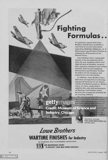 World War II-era black and white advertisement, 'Fighting Formulas,' for Lowe Brothers Company, showing three fighter planes flying above a...