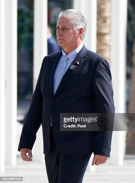 Cuban President Miguel Diaz-Canel walks with leaders to the World Climate Action Summit during COP28 on December 1, 2023 in Dubai, United Arab...