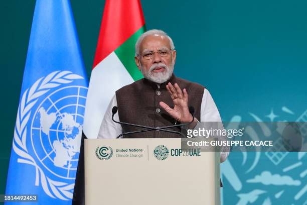 India Prime Minister Narendra Modi speaks at the High-Level Segment for Heads of State and Government session during the United Nations climate...