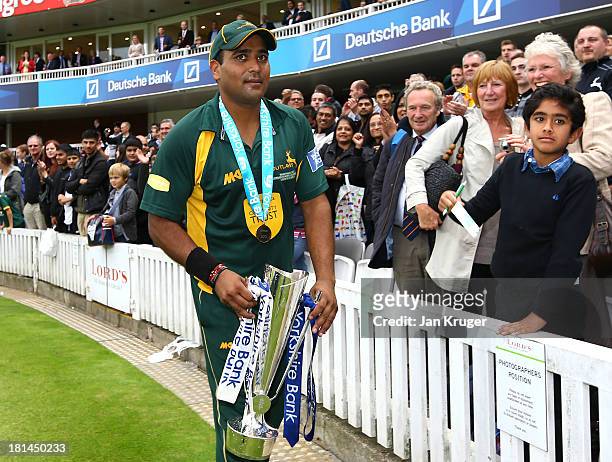 Samit Patel of Nottinghamshire celebrates with the trophy after the Yorkshire Bank 40 Final match between Glamorgan and Nottinghamshire at Lord's...