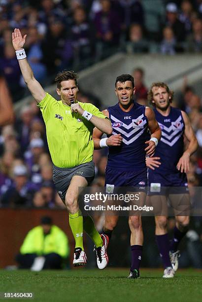 An umpire blows his whistle during the AFL Second Preliminary Final match between the Fremantle Dockers and the Sydney Swans at Patersons Stadium on...