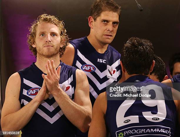 David Mundy of the Dockers prepares to walk onto the ground during the AFL Second Preliminary Final match between the Fremantle Dockers and the...