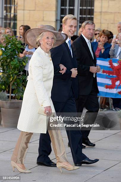 Queen Fabiola Of Belgium and guest attend the Religious Wedding Of Prince Felix Of Luxembourg and Claire Lademacher at the Basilique Sainte...