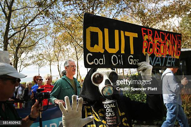 Anti-fracking and Keystone XL pipeline activists demonstrate in lower Manhattan on September 21, 2013 in New York City. Across the country numerous...